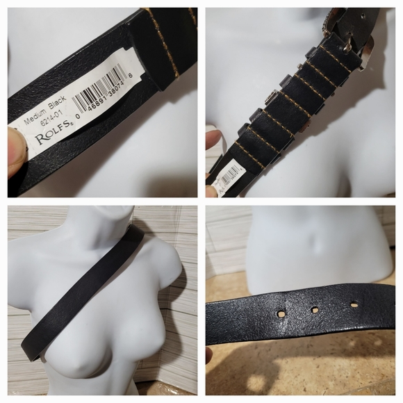 Rolfs Black Leather Rhinestone/Brass/Silvertone Western Women's M Belt - Picture 2 of 3